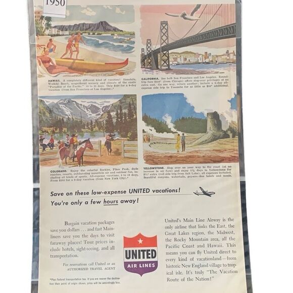 Vintage 1950 United Air Lines These Low Expense United Vactions Ad Advertisement - Picture 2 of 4